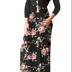 Floral Black Long Sleeve Loose Fit Casual Maxi Dress with Pockets Size XXL NWT